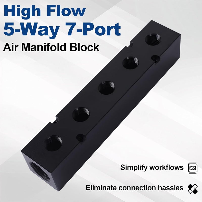 MARSTEK High Flow Air Manifold, Air Compressor Manifold, Air Hose Inline Manifold Block Splitter, Pneumatic Manifold Air Distribution Block, NPT 1 Inch Supply Port, NPT 1/2 Inch Output Port (5 Way 7 Port) - Image 2